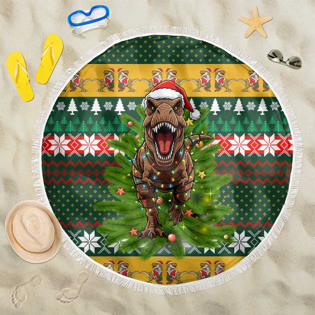Christmas T Rex In Noel Tree Beach Blanket Xmas Holiday Patterns - Wonder Print Shop