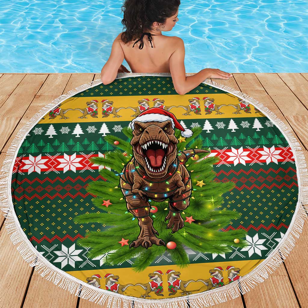 Christmas T Rex In Noel Tree Beach Blanket Xmas Holiday Patterns - Wonder Print Shop
