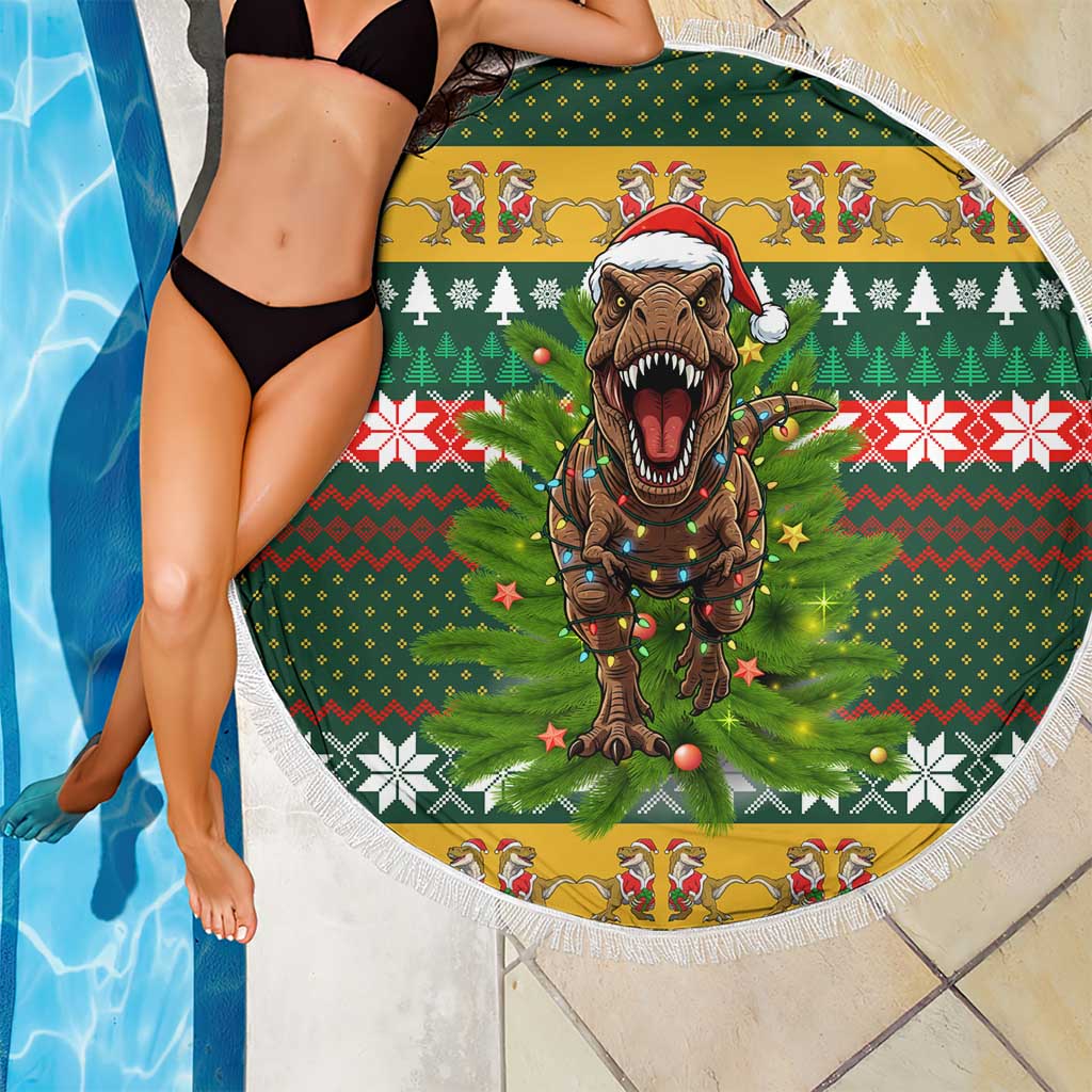 Christmas T Rex In Noel Tree Beach Blanket Xmas Holiday Patterns - Wonder Print Shop
