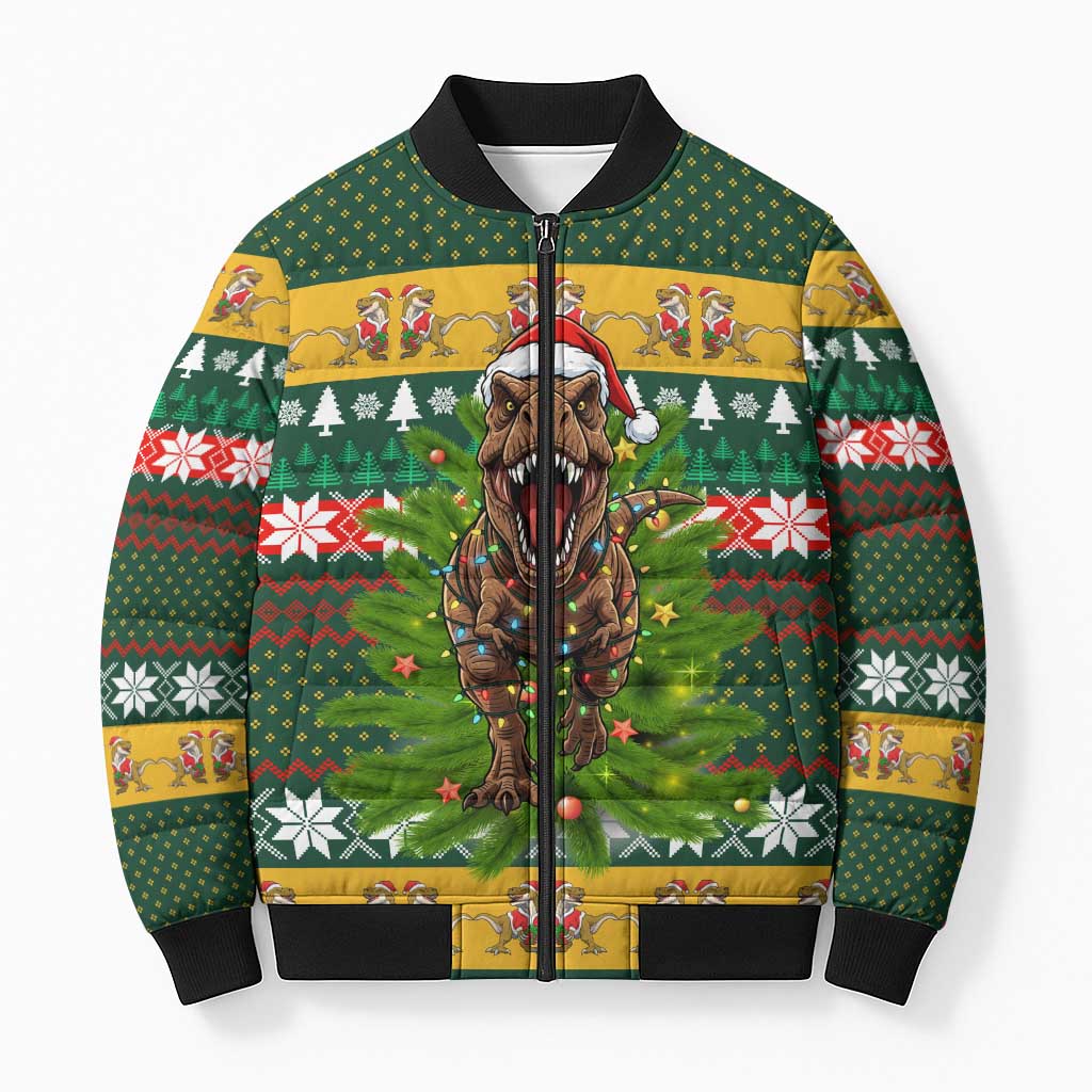 Christmas T Rex In Noel Tree Bomber Puffer Jacket Xmas Holiday Patterns - Wonder Print Shop