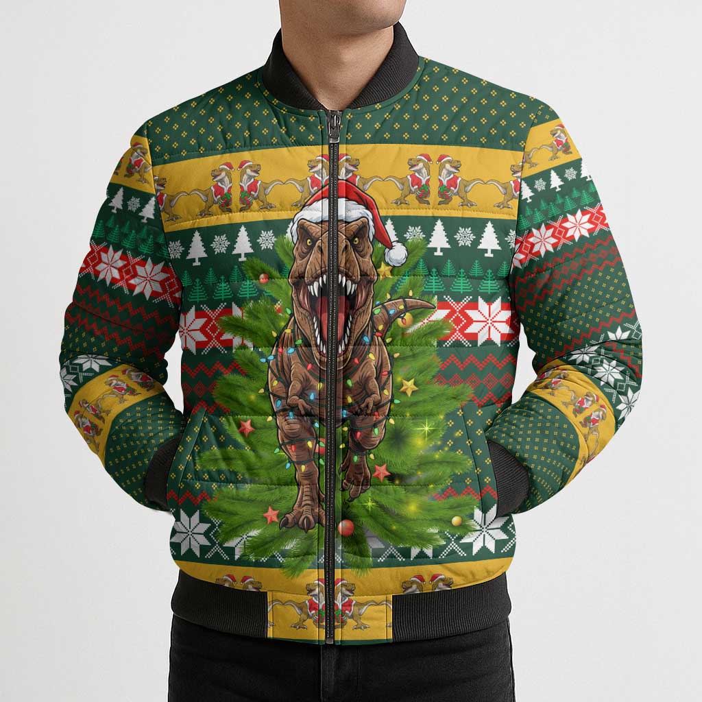 Christmas T Rex In Noel Tree Bomber Puffer Jacket Xmas Holiday Patterns - Wonder Print Shop