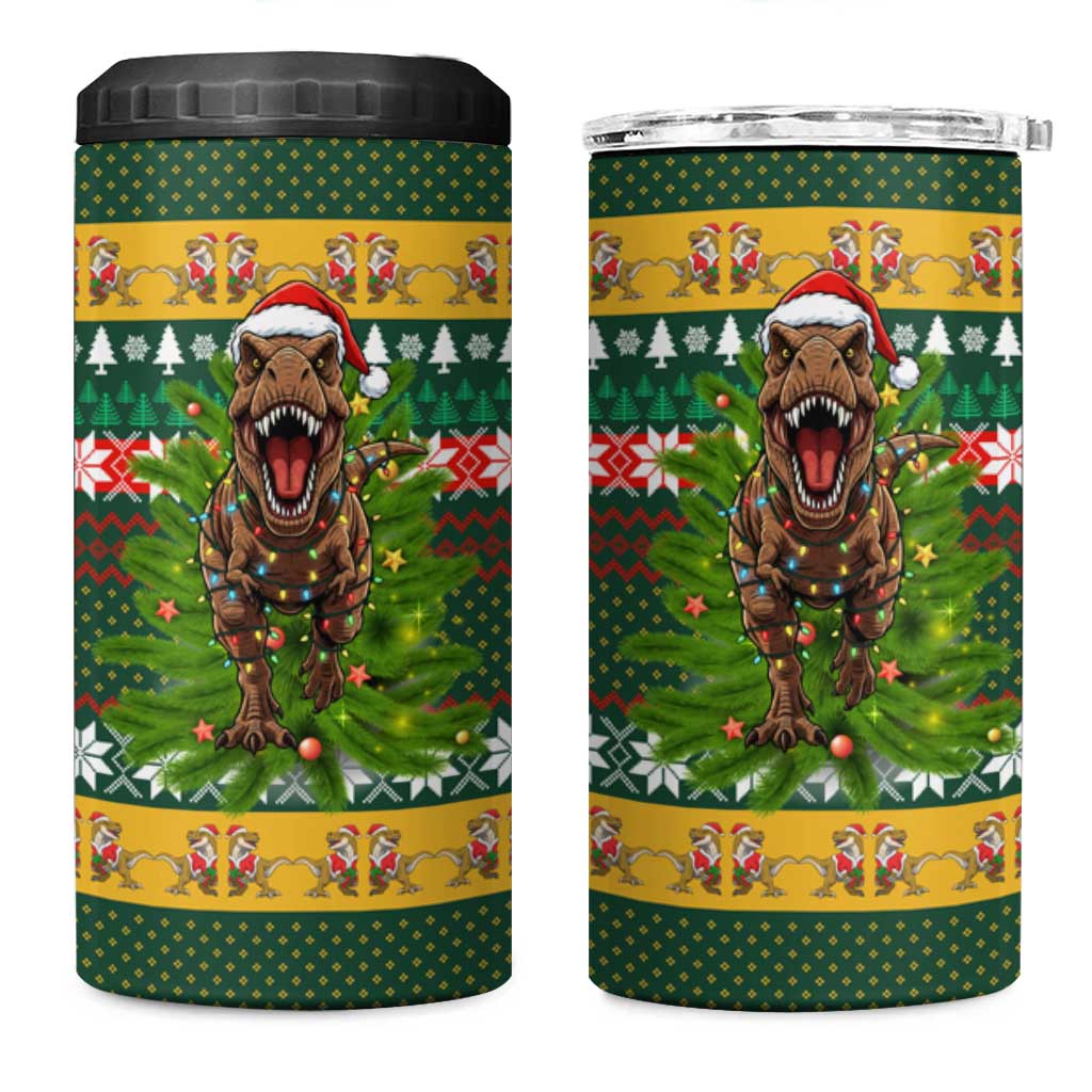 Christmas T Rex In Noel Tree 4 in 1 Can Cooler Tumbler Xmas Holiday Patterns - Wonder Print Shop