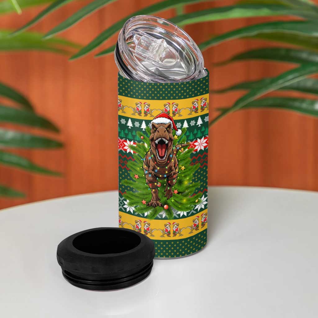 Christmas T Rex In Noel Tree 4 in 1 Can Cooler Tumbler Xmas Holiday Patterns - Wonder Print Shop