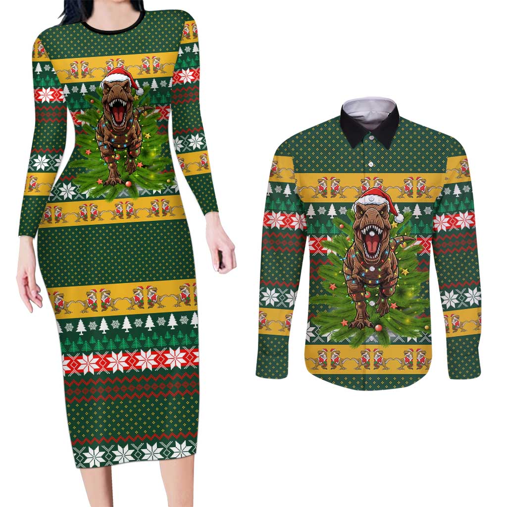 Christmas T Rex In Noel Tree Couples Matching Long Sleeve Bodycon Dress and Long Sleeve Button Shirt Xmas Holiday Patterns - Wonder Print Shop