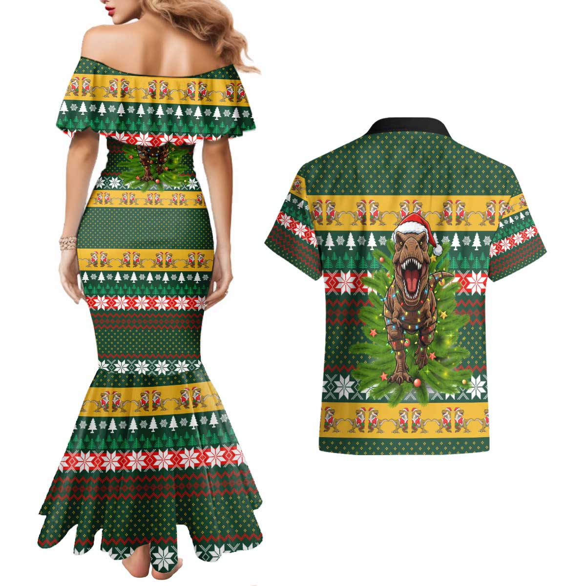 Christmas T Rex In Noel Tree Couples Matching Mermaid Dress and Hawaiian Shirt Xmas Holiday Patterns - Wonder Print Shop