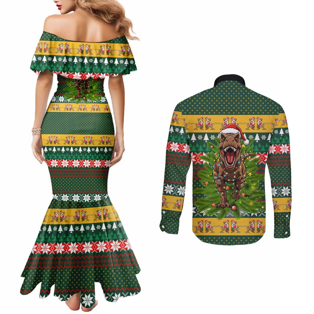 Christmas T Rex In Noel Tree Couples Matching Mermaid Dress and Long Sleeve Button Shirt Xmas Holiday Patterns - Wonder Print Shop