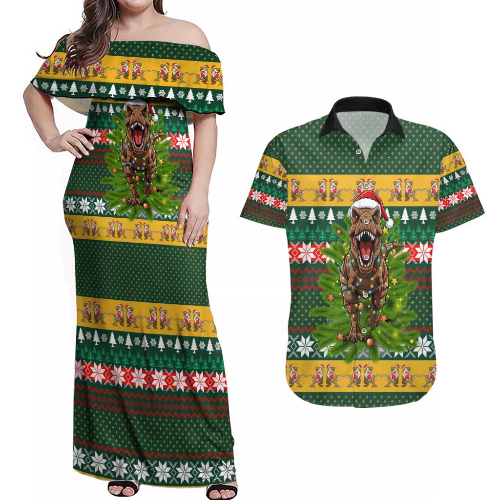 Christmas T Rex In Noel Tree Couples Matching Off Shoulder Maxi Dress and Hawaiian Shirt Xmas Holiday Patterns - Wonder Print Shop