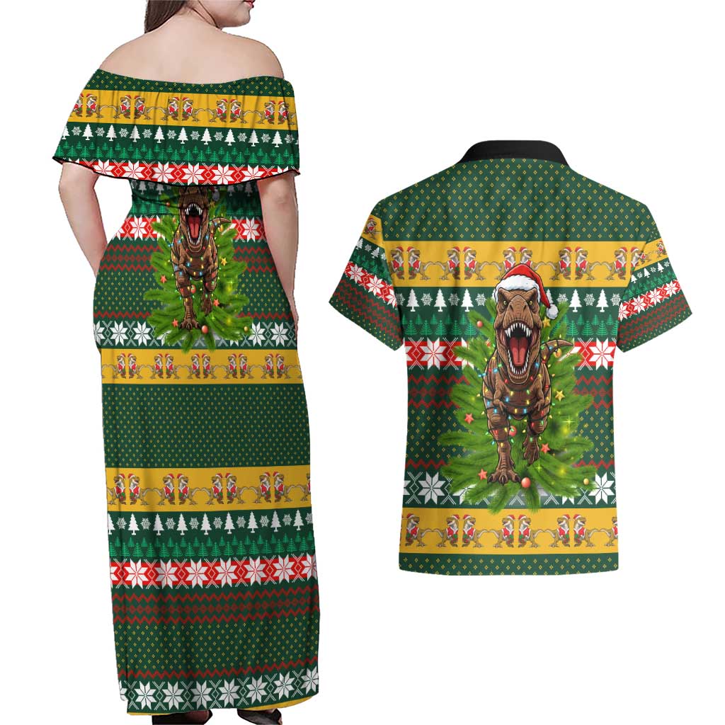 Christmas T Rex In Noel Tree Couples Matching Off Shoulder Maxi Dress and Hawaiian Shirt Xmas Holiday Patterns - Wonder Print Shop