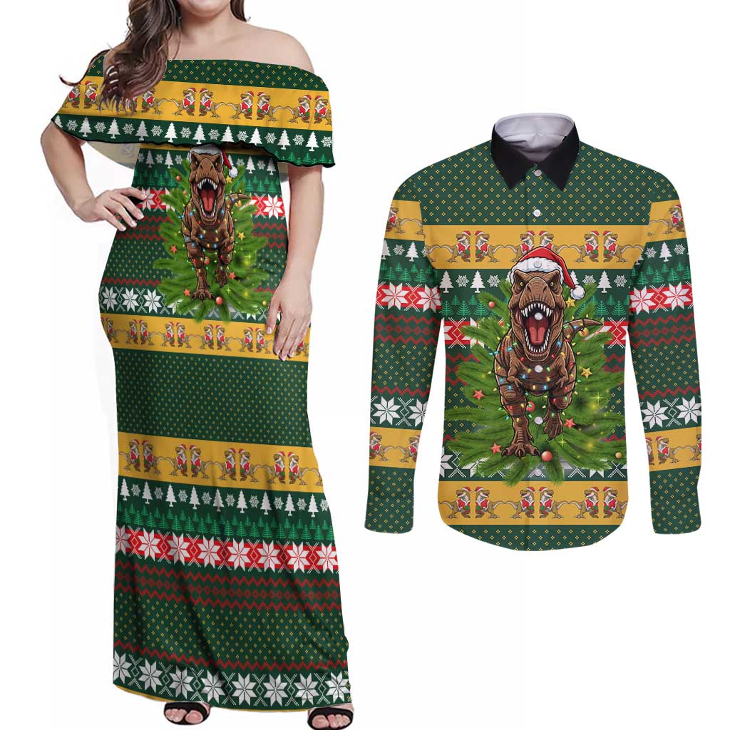 Christmas T Rex In Noel Tree Couples Matching Off Shoulder Maxi Dress and Long Sleeve Button Shirt Xmas Holiday Patterns - Wonder Print Shop
