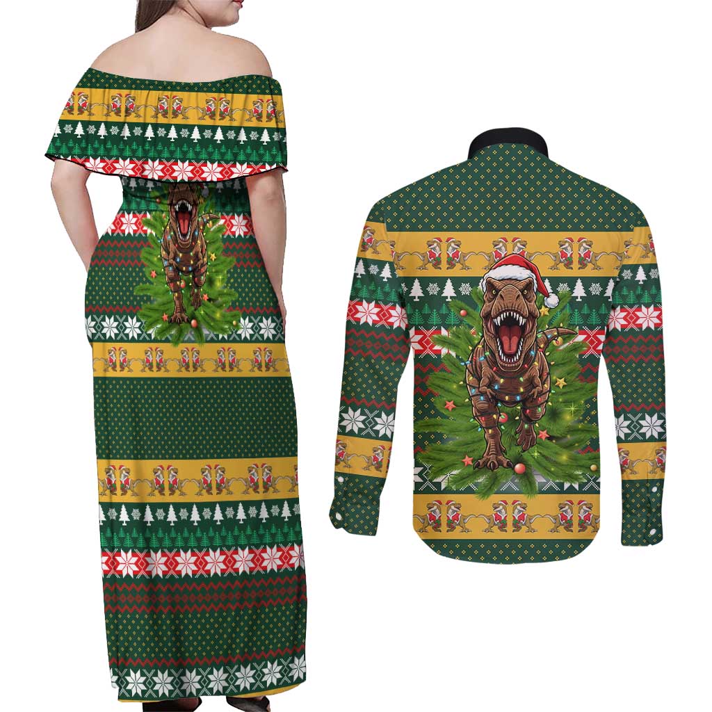 Christmas T Rex In Noel Tree Couples Matching Off Shoulder Maxi Dress and Long Sleeve Button Shirt Xmas Holiday Patterns - Wonder Print Shop