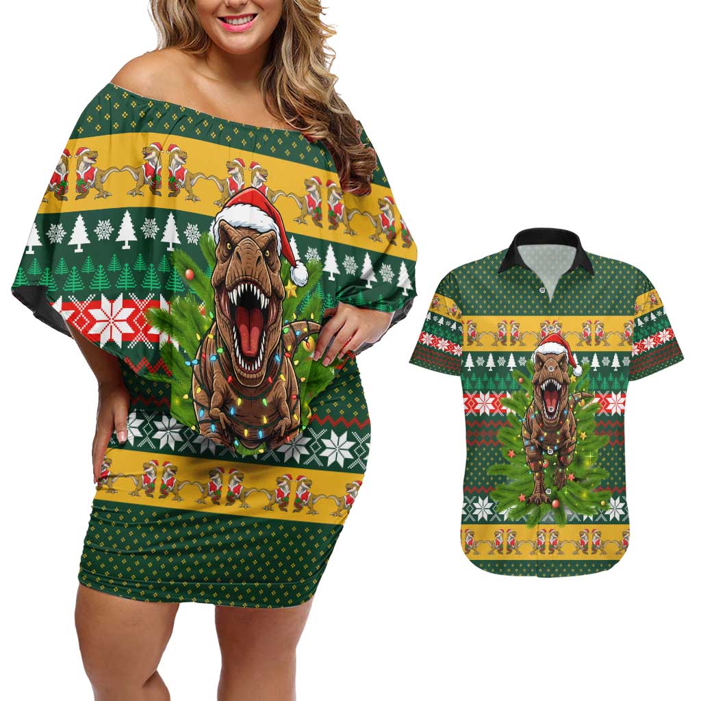 Christmas T Rex In Noel Tree Couples Matching Off Shoulder Short Dress and Hawaiian Shirt Xmas Holiday Patterns - Wonder Print Shop