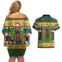 Christmas T Rex In Noel Tree Couples Matching Off Shoulder Short Dress and Hawaiian Shirt Xmas Holiday Patterns - Wonder Print Shop