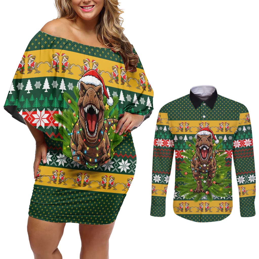 Christmas T Rex In Noel Tree Couples Matching Off Shoulder Short Dress and Long Sleeve Button Shirt Xmas Holiday Patterns - Wonder Print Shop