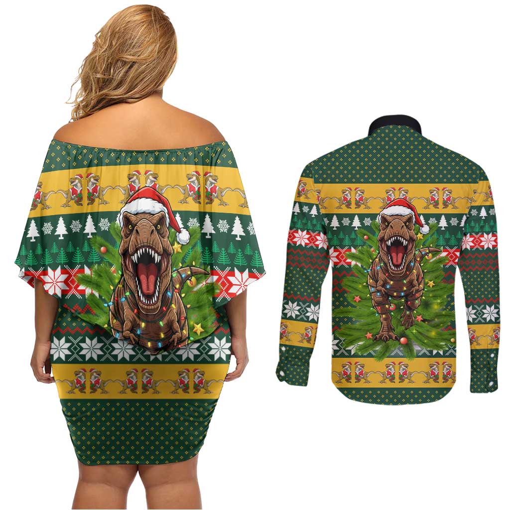 Christmas T Rex In Noel Tree Couples Matching Off Shoulder Short Dress and Long Sleeve Button Shirt Xmas Holiday Patterns - Wonder Print Shop