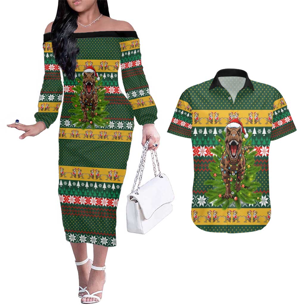Christmas T Rex In Noel Tree Couples Matching Off The Shoulder Long Sleeve Dress and Hawaiian Shirt Xmas Holiday Patterns - Wonder Print Shop
