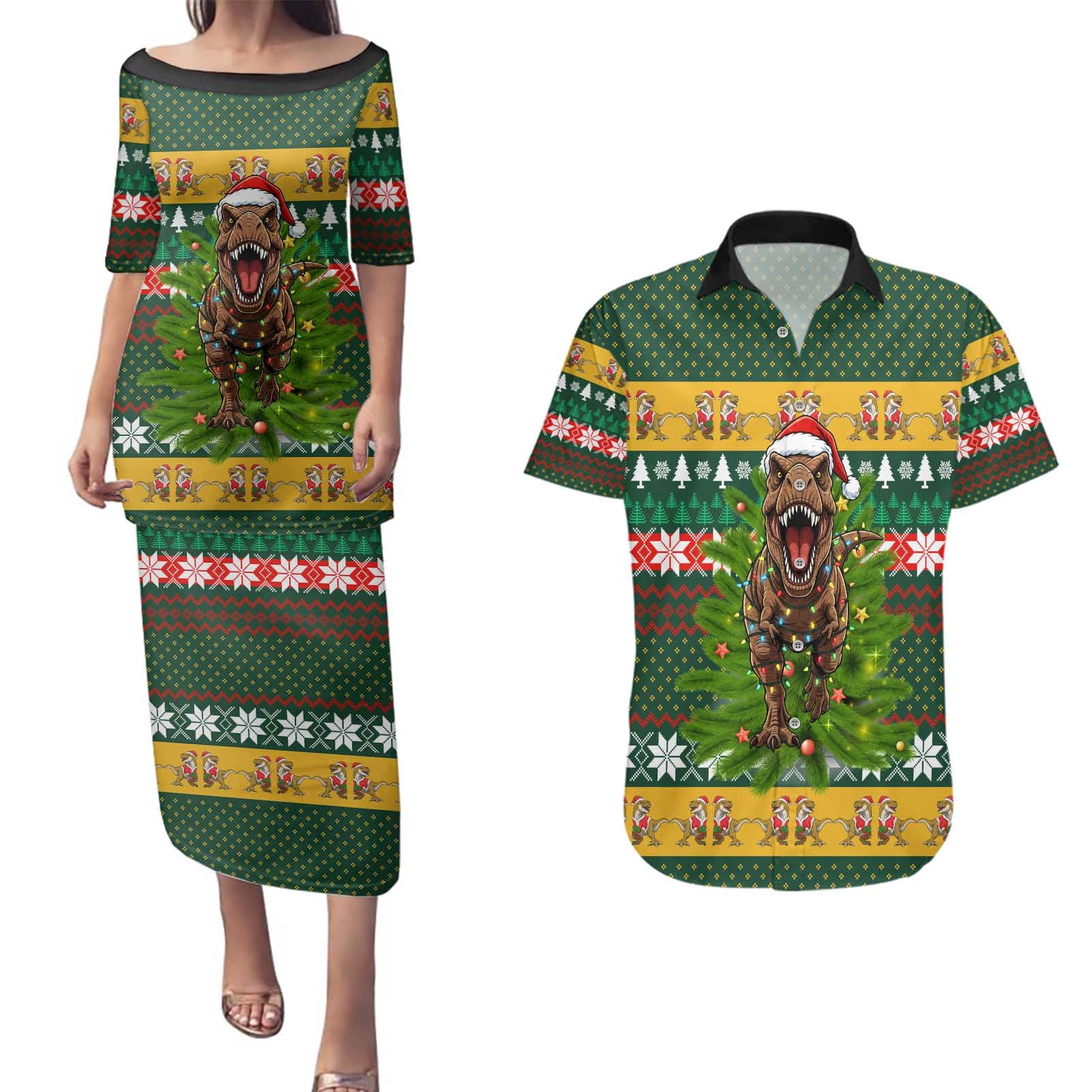 Christmas T Rex In Noel Tree Couples Matching Puletasi and Hawaiian Shirt Xmas Holiday Patterns - Wonder Print Shop