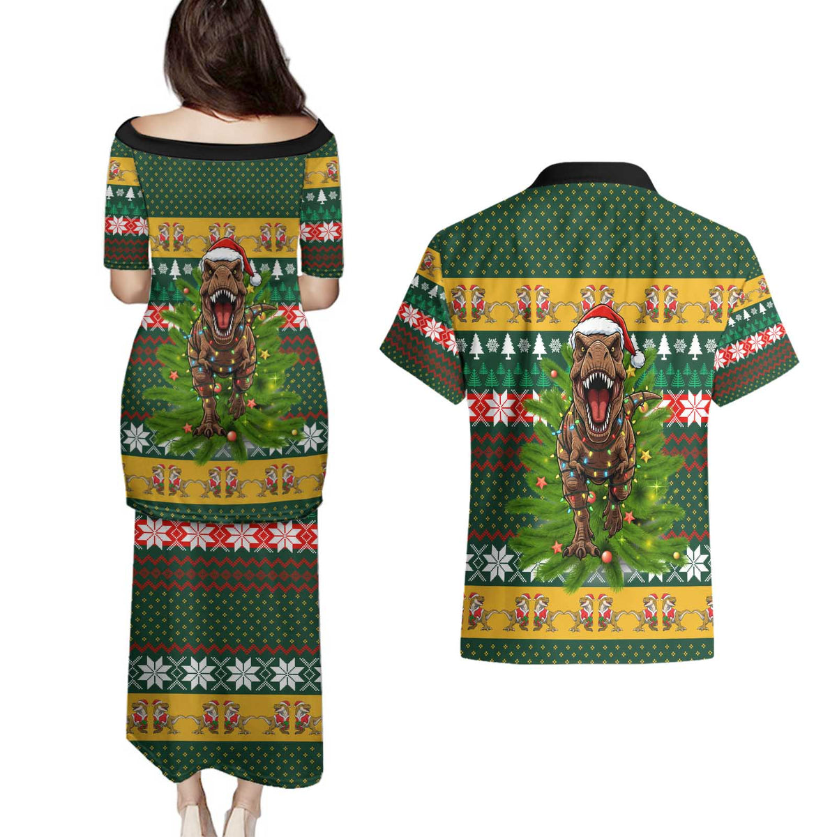 Christmas T Rex In Noel Tree Couples Matching Puletasi and Hawaiian Shirt Xmas Holiday Patterns - Wonder Print Shop
