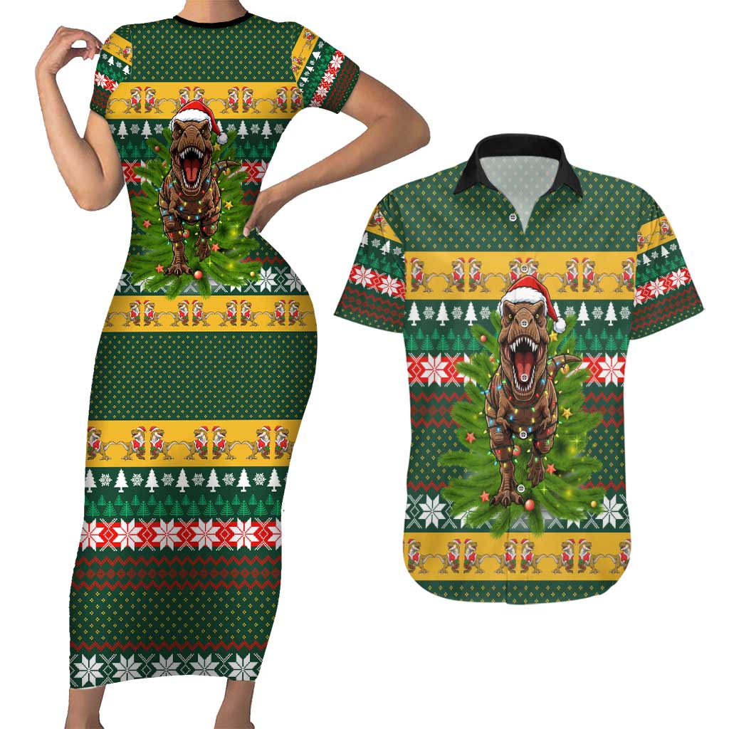 Christmas T Rex In Noel Tree Couples Matching Short Sleeve Bodycon Dress and Hawaiian Shirt Xmas Holiday Patterns - Wonder Print Shop