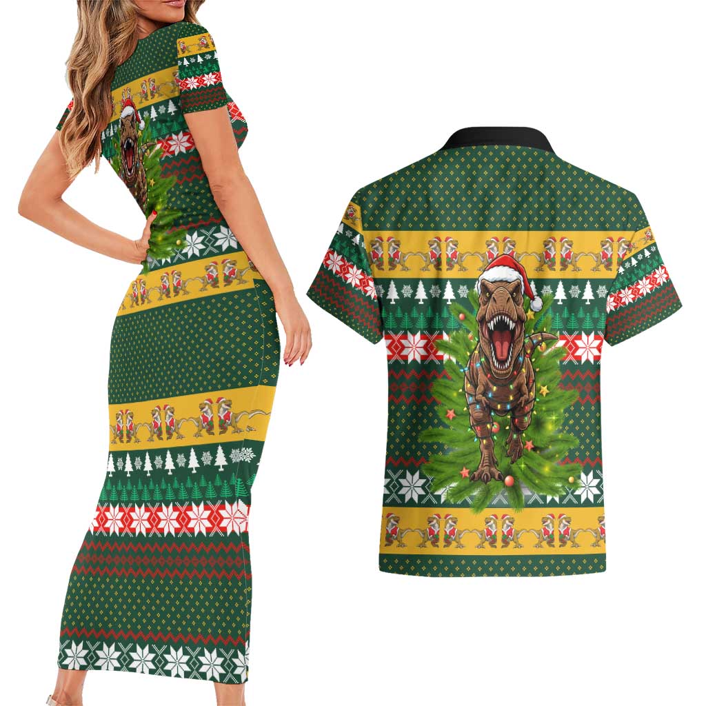 Christmas T Rex In Noel Tree Couples Matching Short Sleeve Bodycon Dress and Hawaiian Shirt Xmas Holiday Patterns - Wonder Print Shop