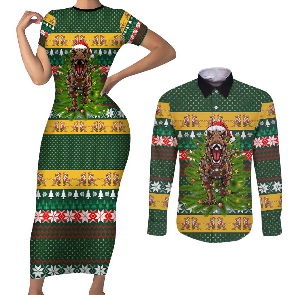 Christmas T Rex In Noel Tree Couples Matching Short Sleeve Bodycon Dress and Long Sleeve Button Shirt Xmas Holiday Patterns - Wonder Print Shop