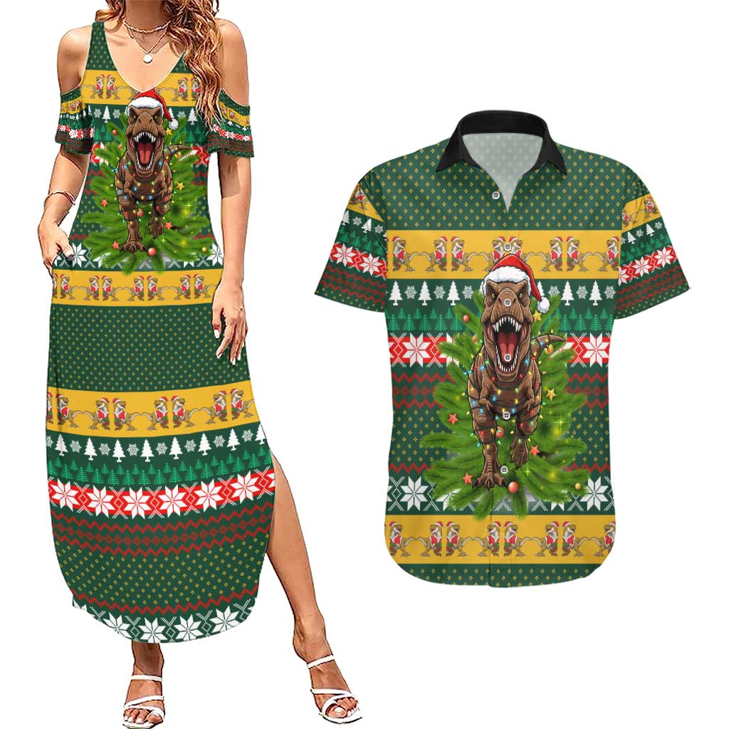 Christmas T Rex In Noel Tree Couples Matching Summer Maxi Dress and Hawaiian Shirt Xmas Holiday Patterns - Wonder Print Shop