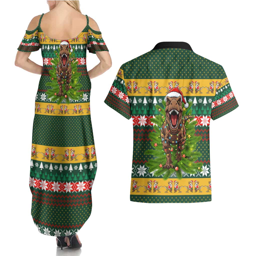 Christmas T Rex In Noel Tree Couples Matching Summer Maxi Dress and Hawaiian Shirt Xmas Holiday Patterns - Wonder Print Shop