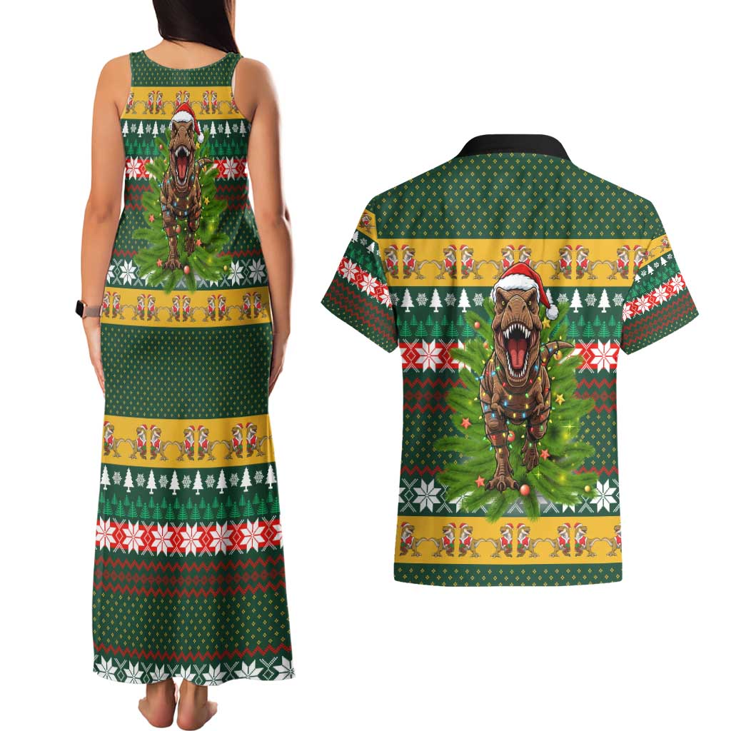 Christmas T Rex In Noel Tree Couples Matching Tank Maxi Dress and Hawaiian Shirt Xmas Holiday Patterns - Wonder Print Shop