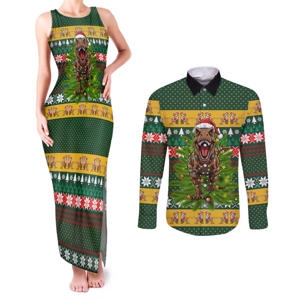 Christmas T Rex In Noel Tree Couples Matching Tank Maxi Dress and Long Sleeve Button Shirt Xmas Holiday Patterns - Wonder Print Shop