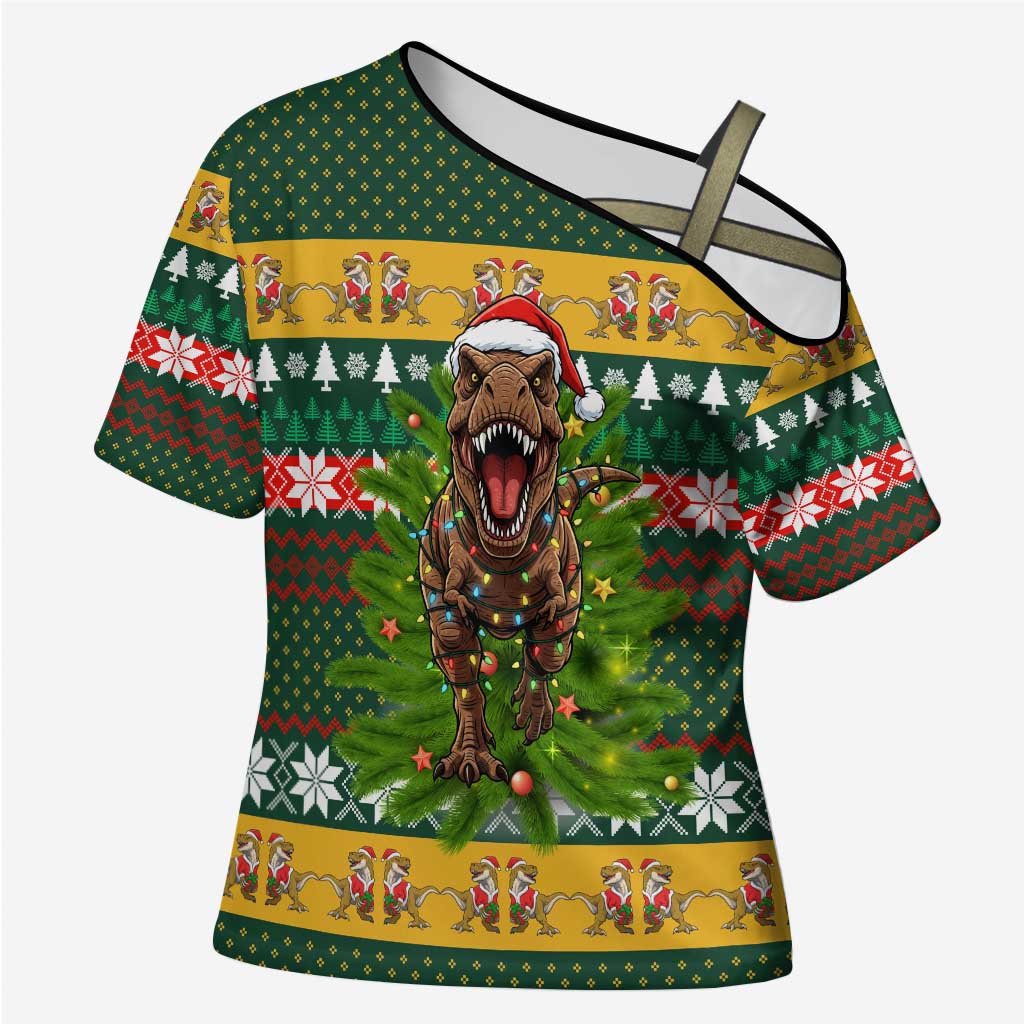 Christmas T Rex In Noel Tree Cross Shoulder Shirt Xmas Holiday Patterns - Wonder Print Shop