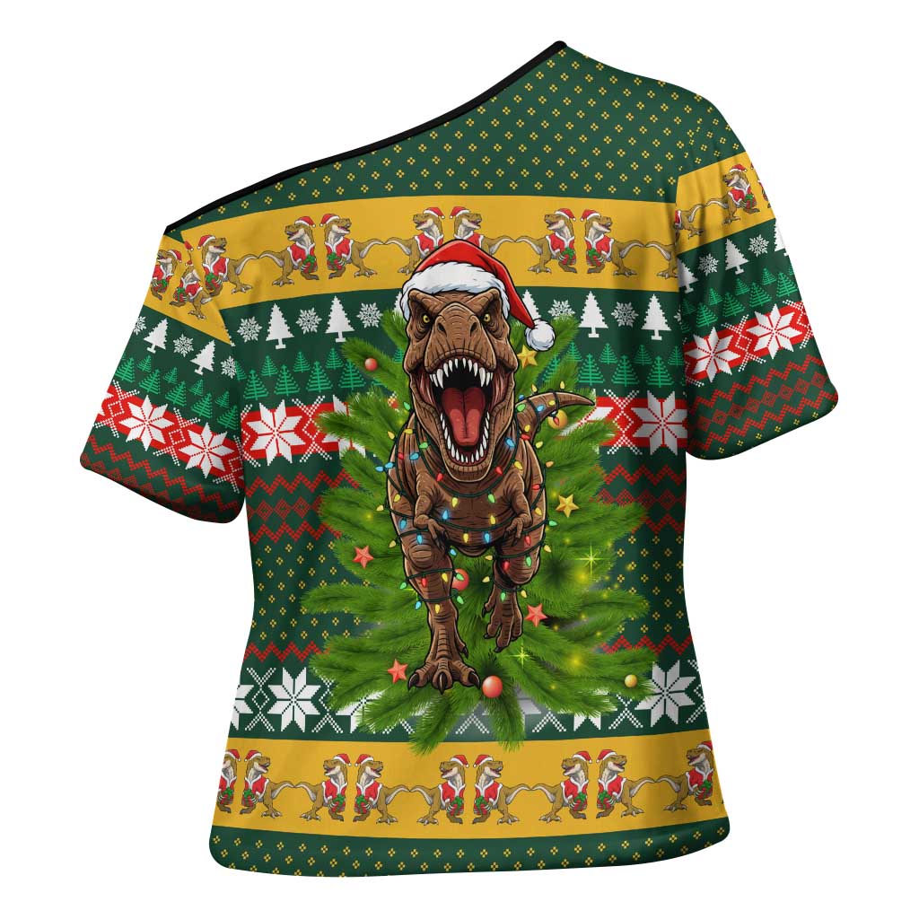 Christmas T Rex In Noel Tree Cross Shoulder Shirt Xmas Holiday Patterns - Wonder Print Shop