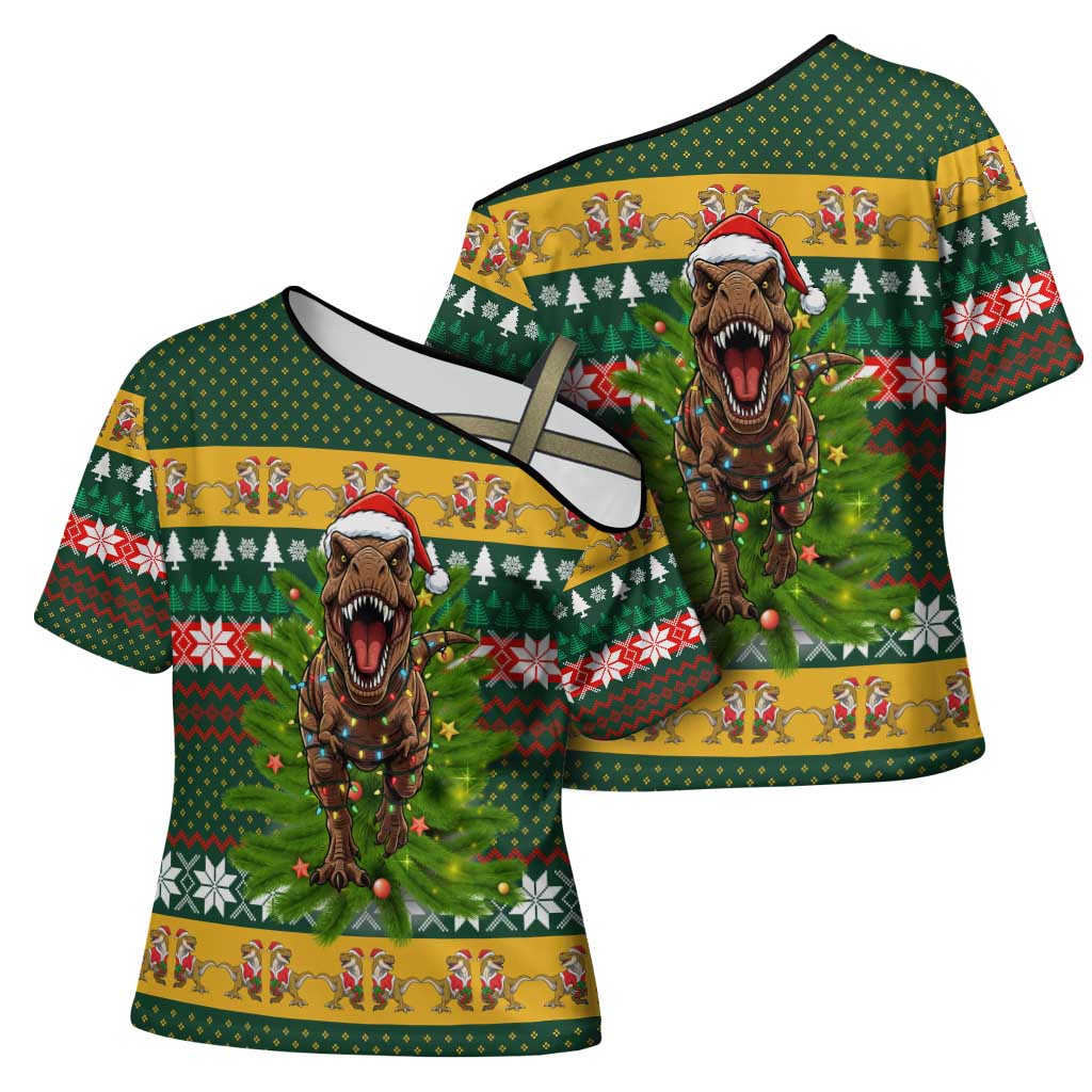 Christmas T Rex In Noel Tree Cross Shoulder Shirt Xmas Holiday Patterns - Wonder Print Shop