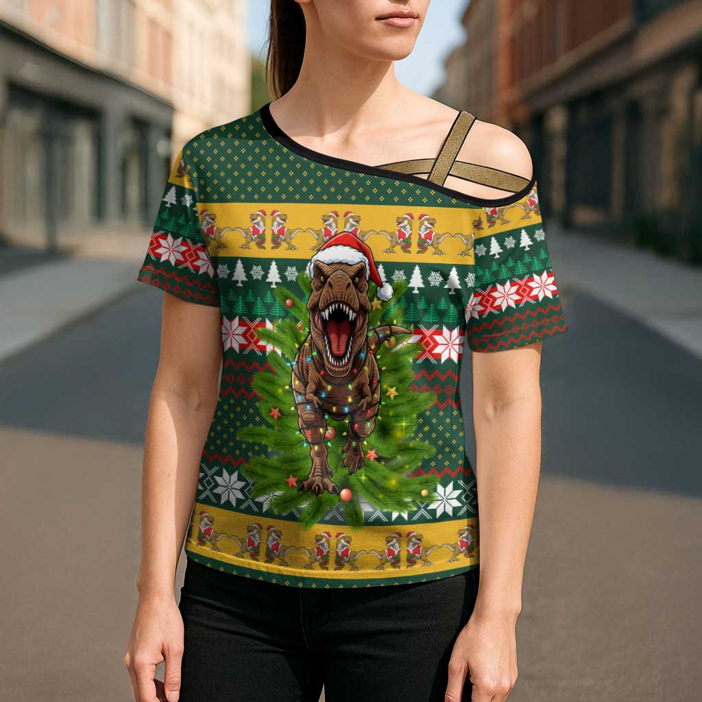 Christmas T Rex In Noel Tree Cross Shoulder Shirt Xmas Holiday Patterns - Wonder Print Shop