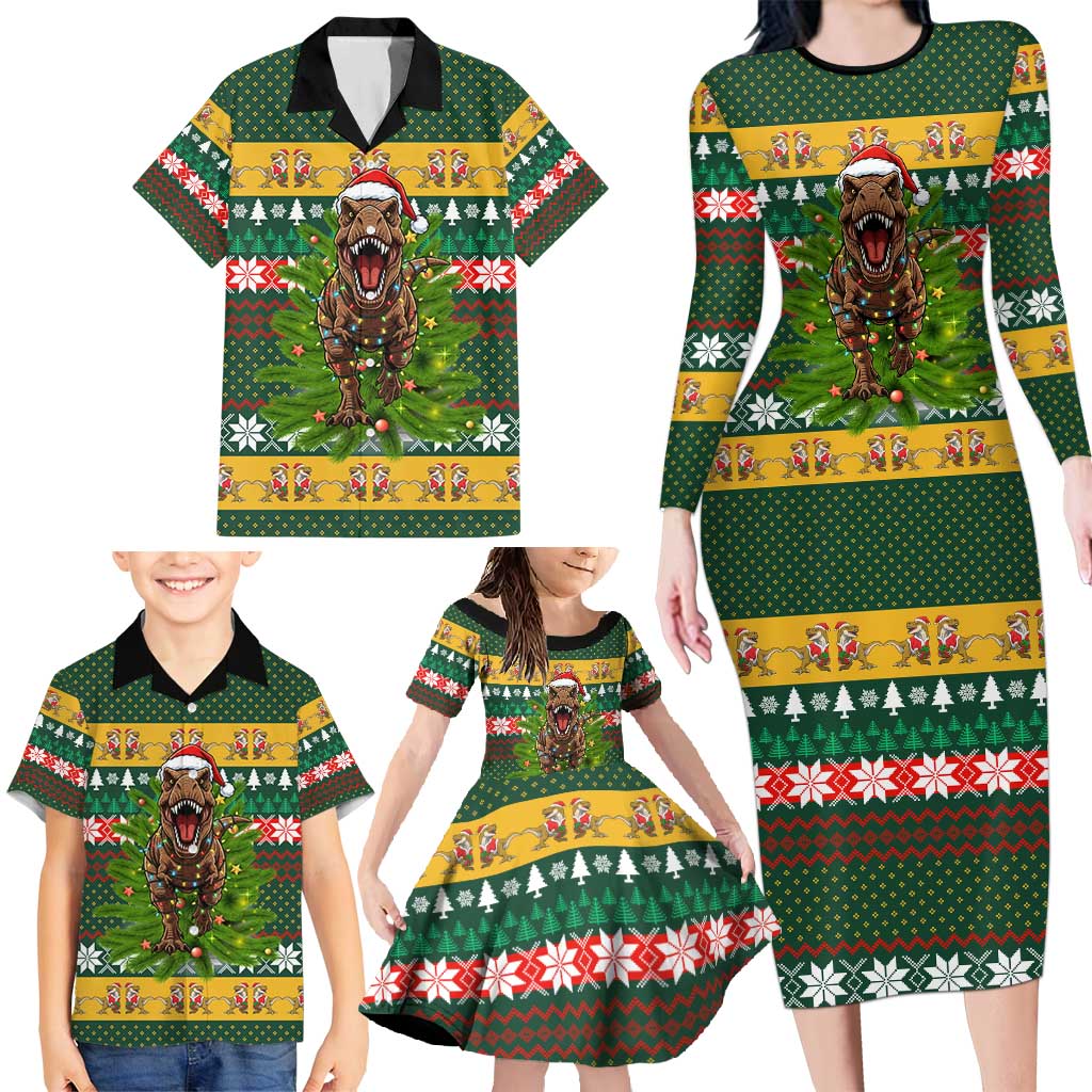 Christmas T Rex In Noel Tree Family Matching Long Sleeve Bodycon Dress and Hawaiian Shirt Xmas Holiday Patterns - Wonder Print Shop