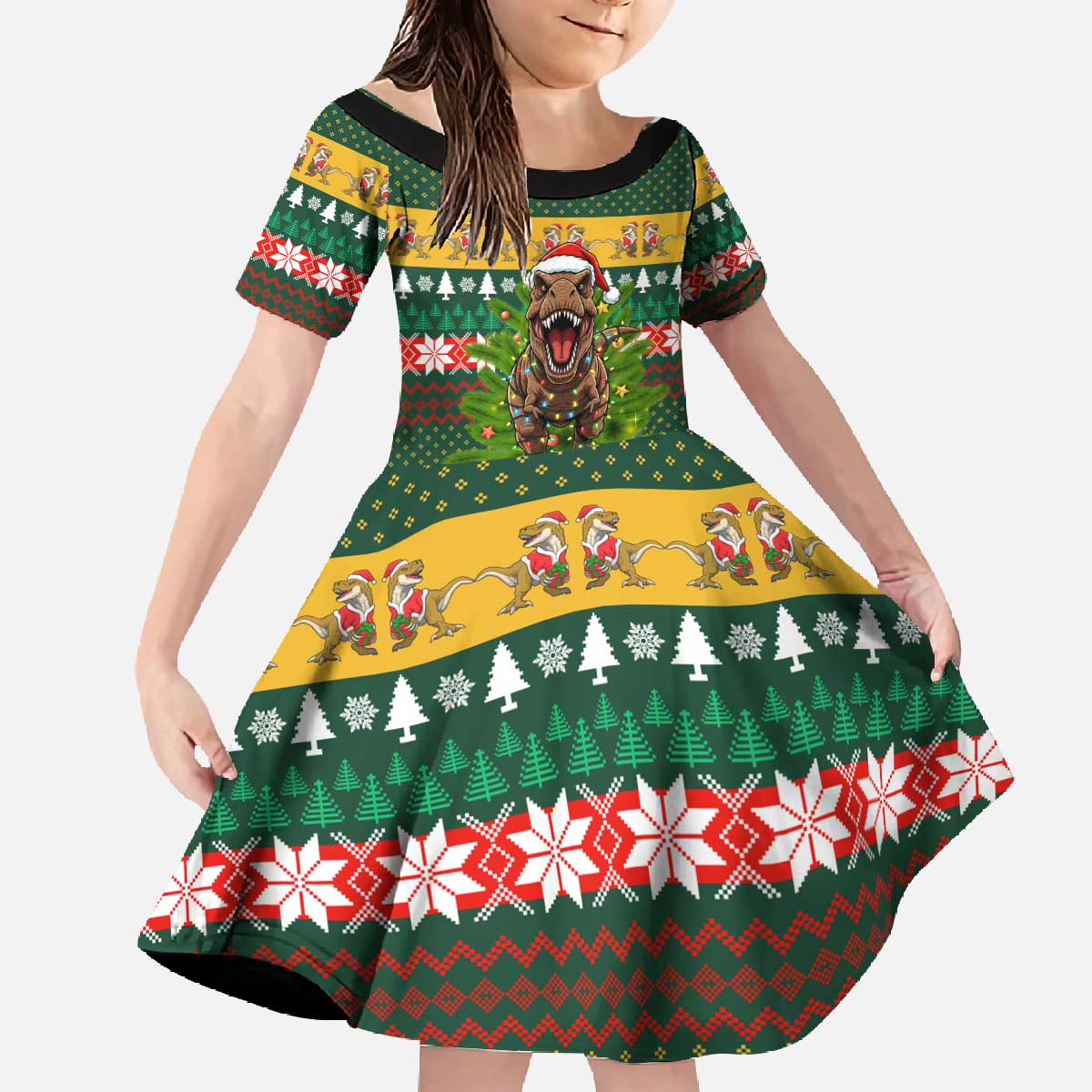 Christmas T Rex In Noel Tree Family Matching Off The Shoulder Long Sleeve Dress and Hawaiian Shirt Xmas Holiday Patterns - Wonder Print Shop