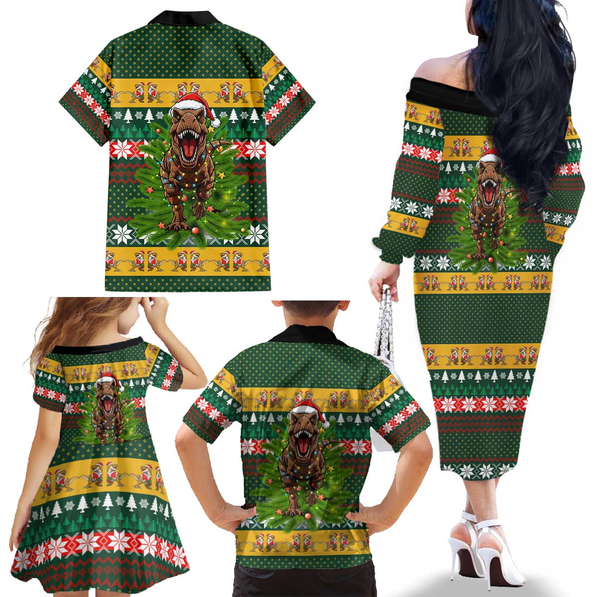Christmas T Rex In Noel Tree Family Matching Off The Shoulder Long Sleeve Dress and Hawaiian Shirt Xmas Holiday Patterns - Wonder Print Shop