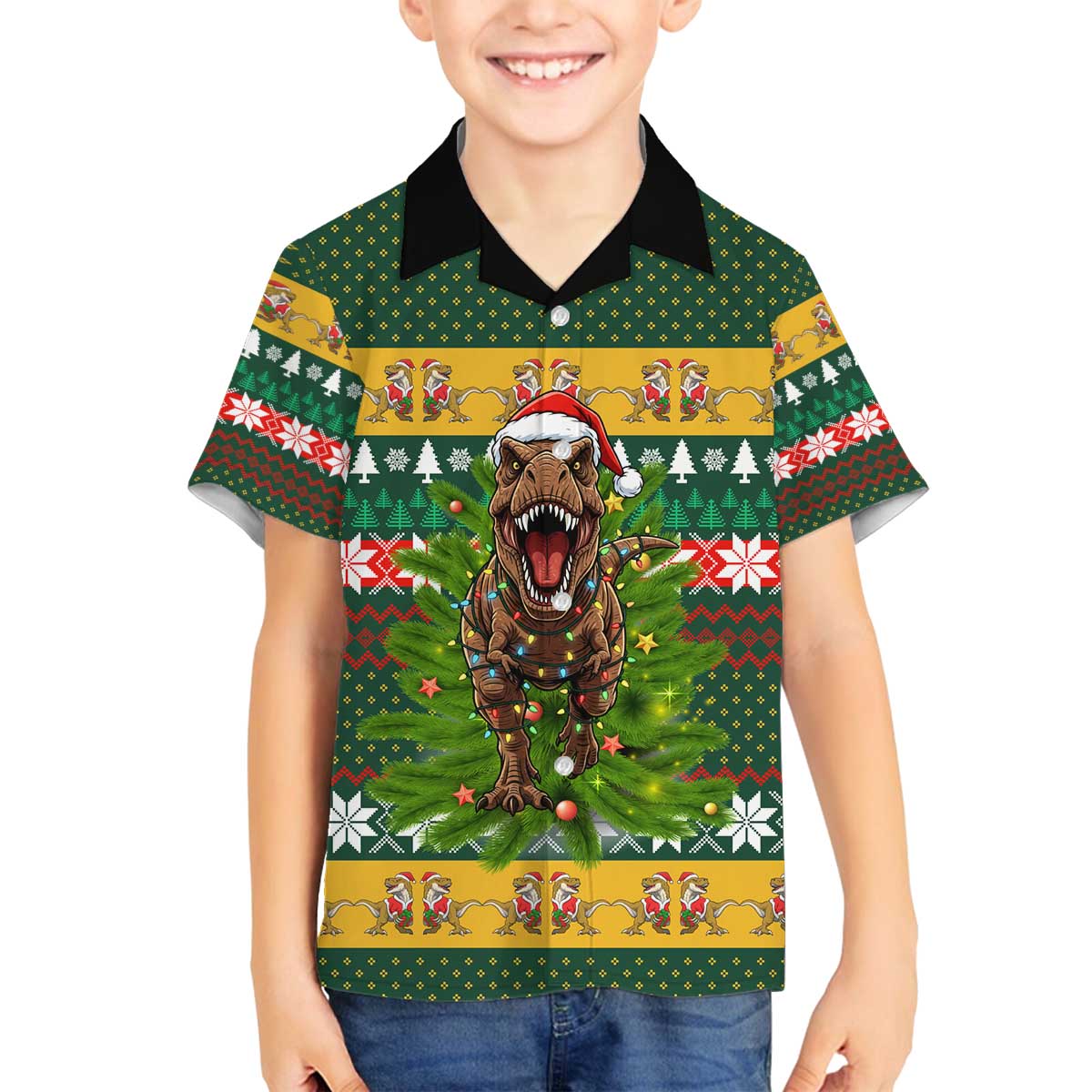 Christmas T Rex In Noel Tree Family Matching Off The Shoulder Long Sleeve Dress and Hawaiian Shirt Xmas Holiday Patterns - Wonder Print Shop