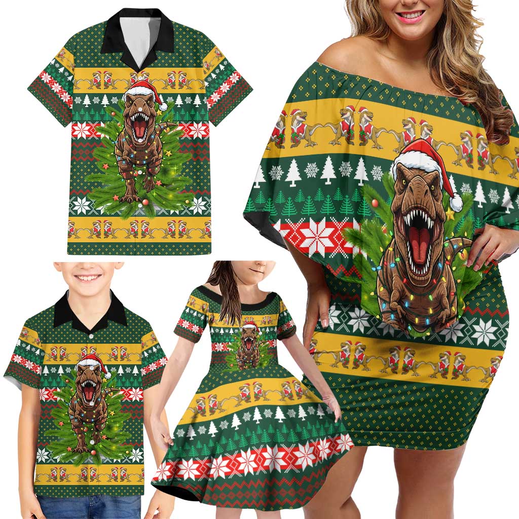 Christmas T Rex In Noel Tree Family Matching Off Shoulder Short Dress and Hawaiian Shirt Xmas Holiday Patterns - Wonder Print Shop