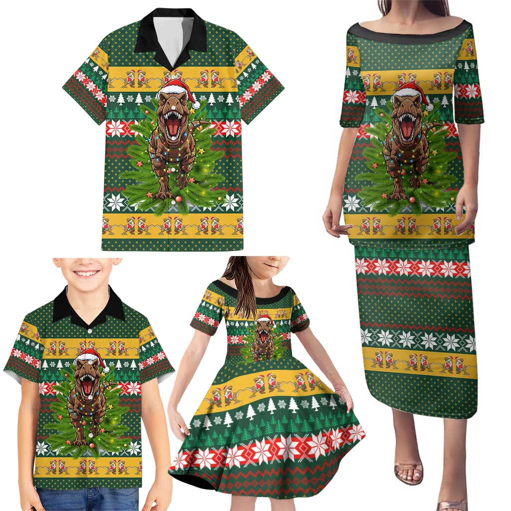 Christmas T Rex In Noel Tree Family Matching Puletasi and Hawaiian Shirt Xmas Holiday Patterns - Wonder Print Shop