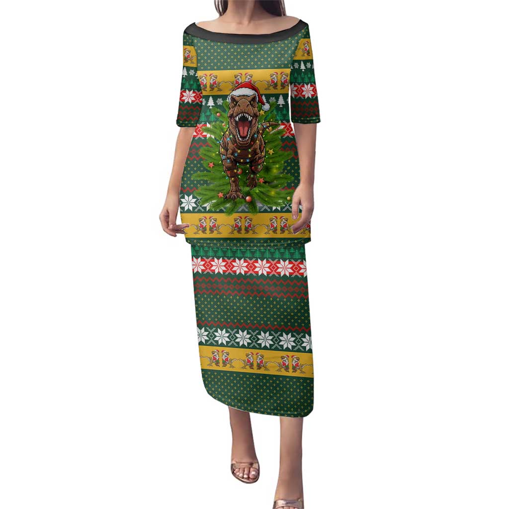 Christmas T Rex In Noel Tree Family Matching Puletasi and Hawaiian Shirt Xmas Holiday Patterns - Wonder Print Shop