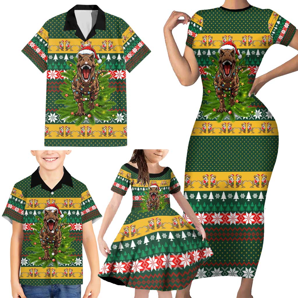 Christmas T Rex In Noel Tree Family Matching Short Sleeve Bodycon Dress and Hawaiian Shirt Xmas Holiday Patterns - Wonder Print Shop
