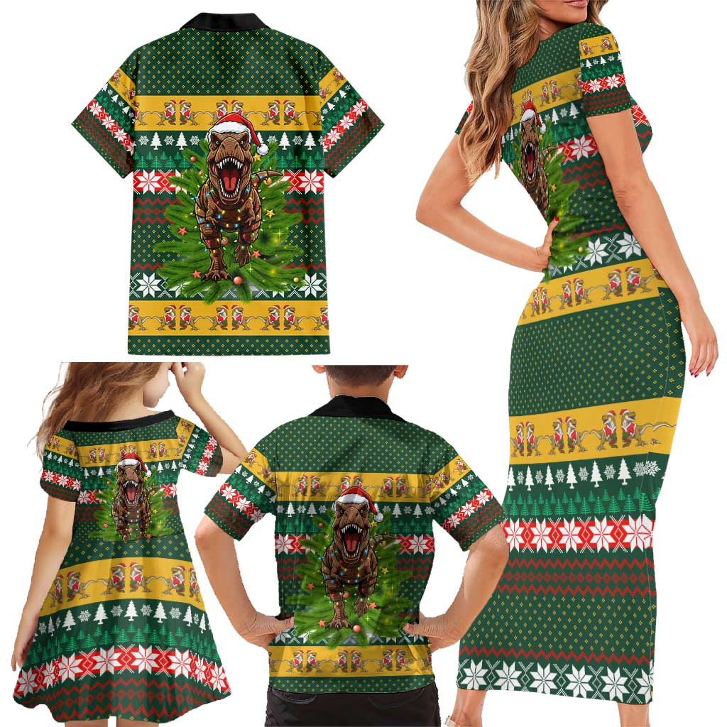 Christmas T Rex In Noel Tree Family Matching Short Sleeve Bodycon Dress and Hawaiian Shirt Xmas Holiday Patterns - Wonder Print Shop