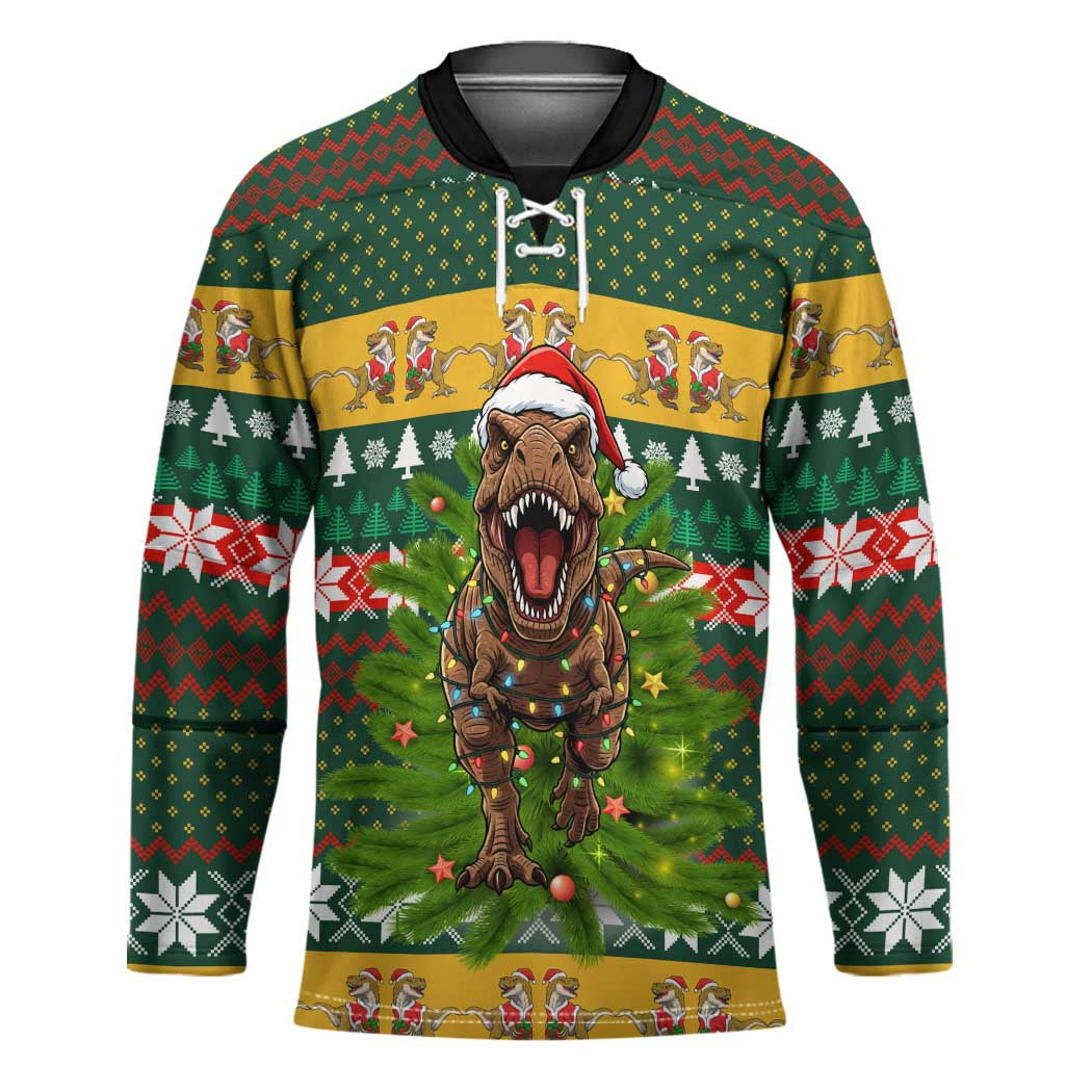 Christmas T Rex In Noel Tree Hockey Jersey Xmas Holiday Patterns - Wonder Print Shop
