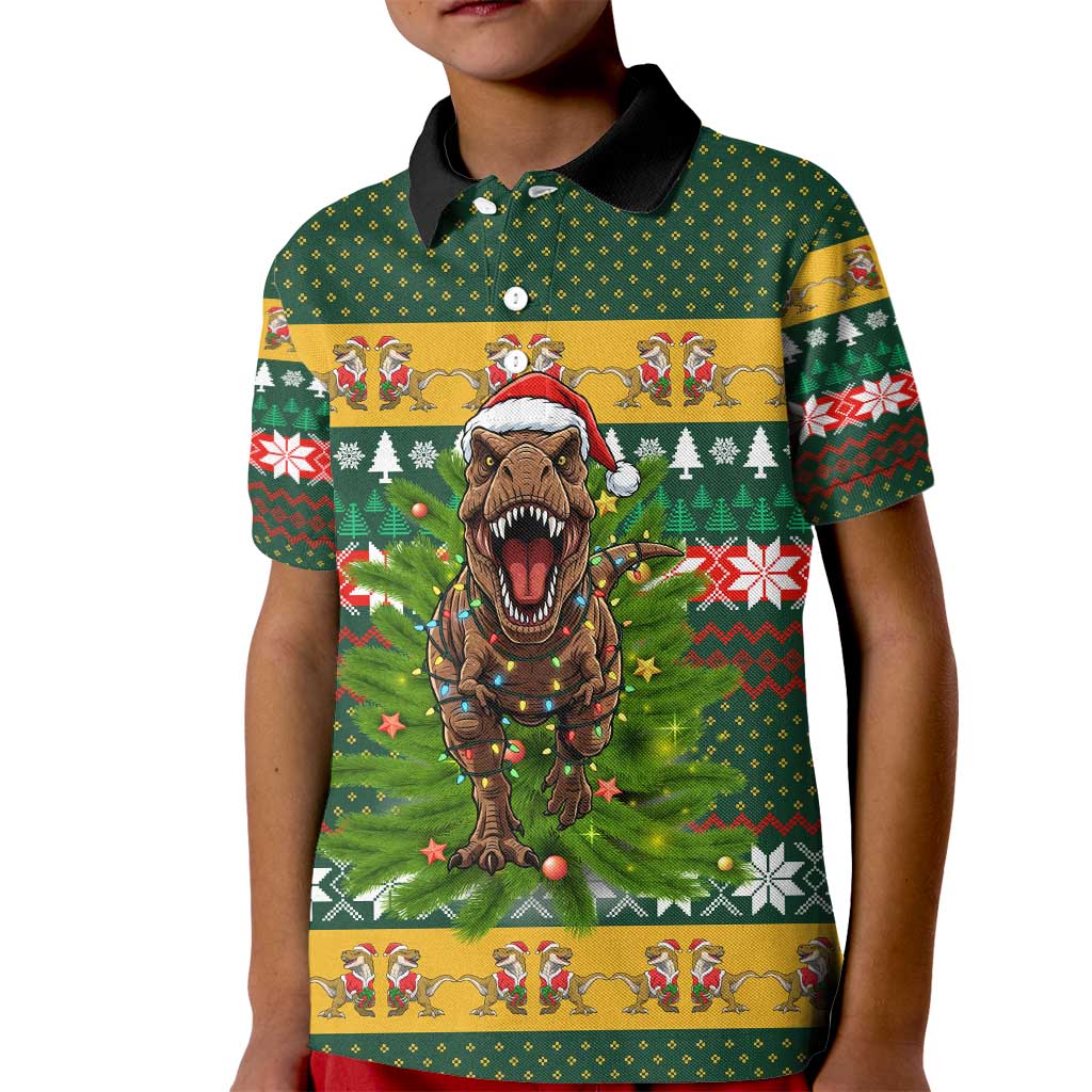 Christmas T Rex In Noel Tree Kid Polo Shirt Xmas Holiday Patterns - Wonder Print Shop
