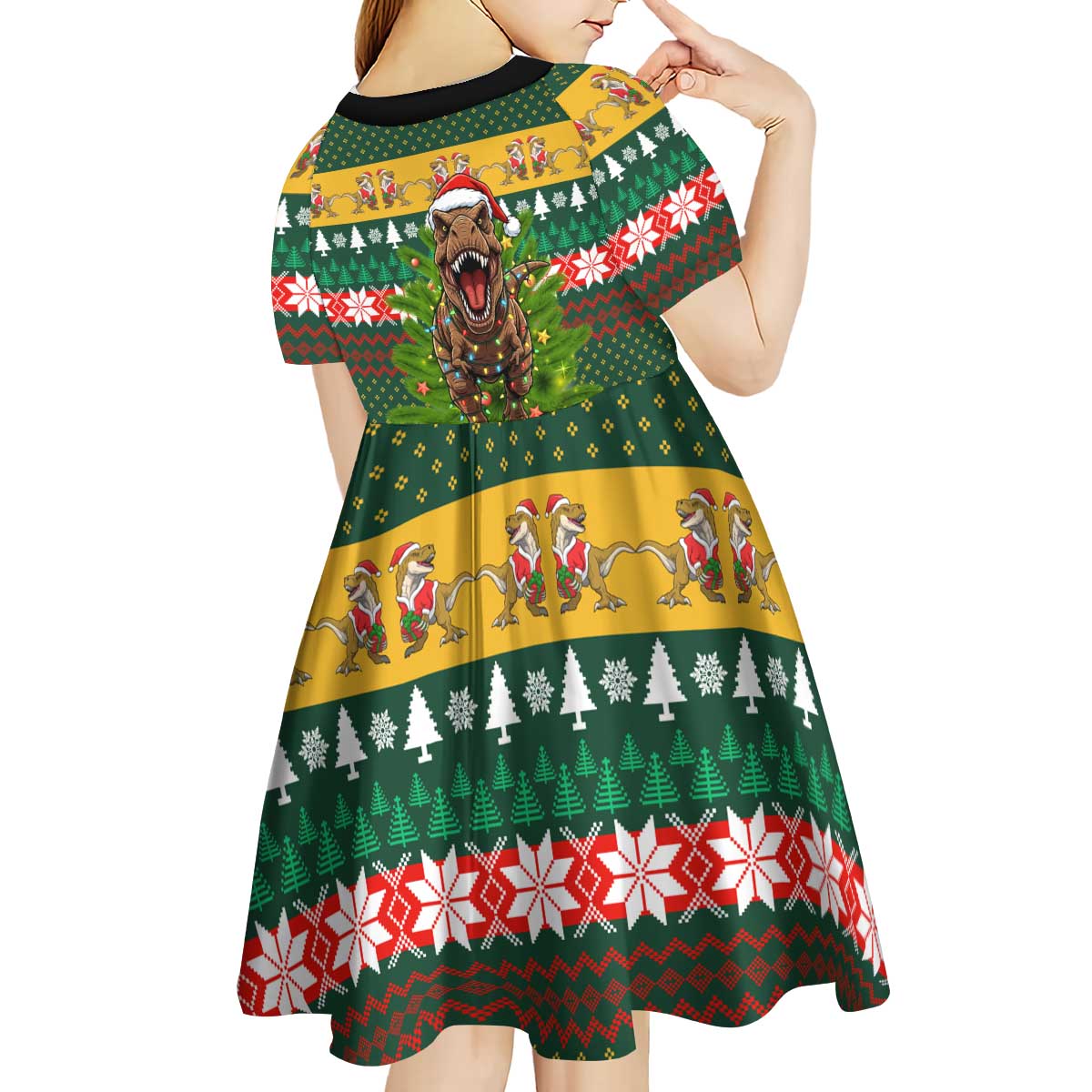 Christmas T Rex In Noel Tree Kid Short Sleeve Dress Xmas Holiday Patterns - Wonder Print Shop
