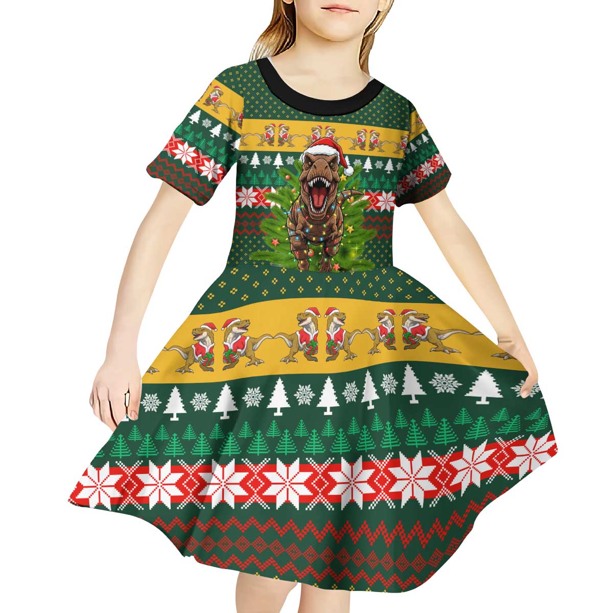 Christmas T Rex In Noel Tree Kid Short Sleeve Dress Xmas Holiday Patterns - Wonder Print Shop