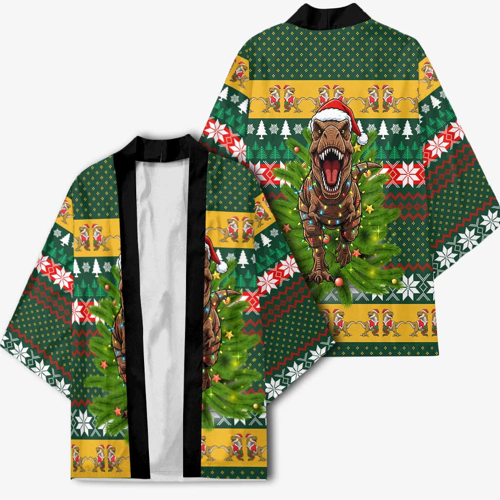 Christmas T Rex In Noel Tree Kimono Xmas Holiday Patterns - Wonder Print Shop