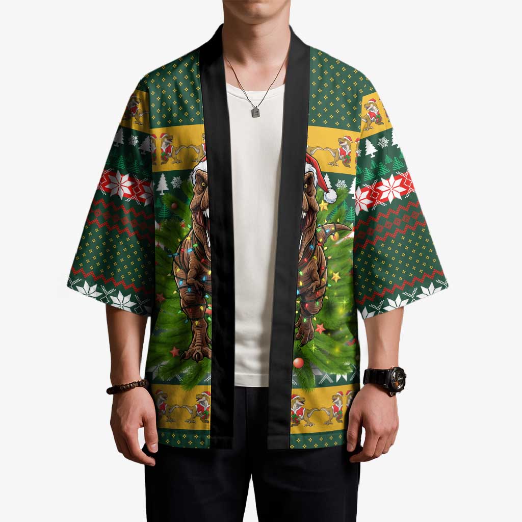 Christmas T Rex In Noel Tree Kimono Xmas Holiday Patterns - Wonder Print Shop