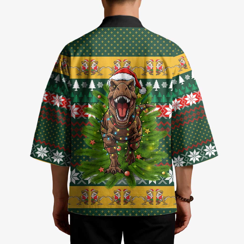 Christmas T Rex In Noel Tree Kimono Xmas Holiday Patterns - Wonder Print Shop