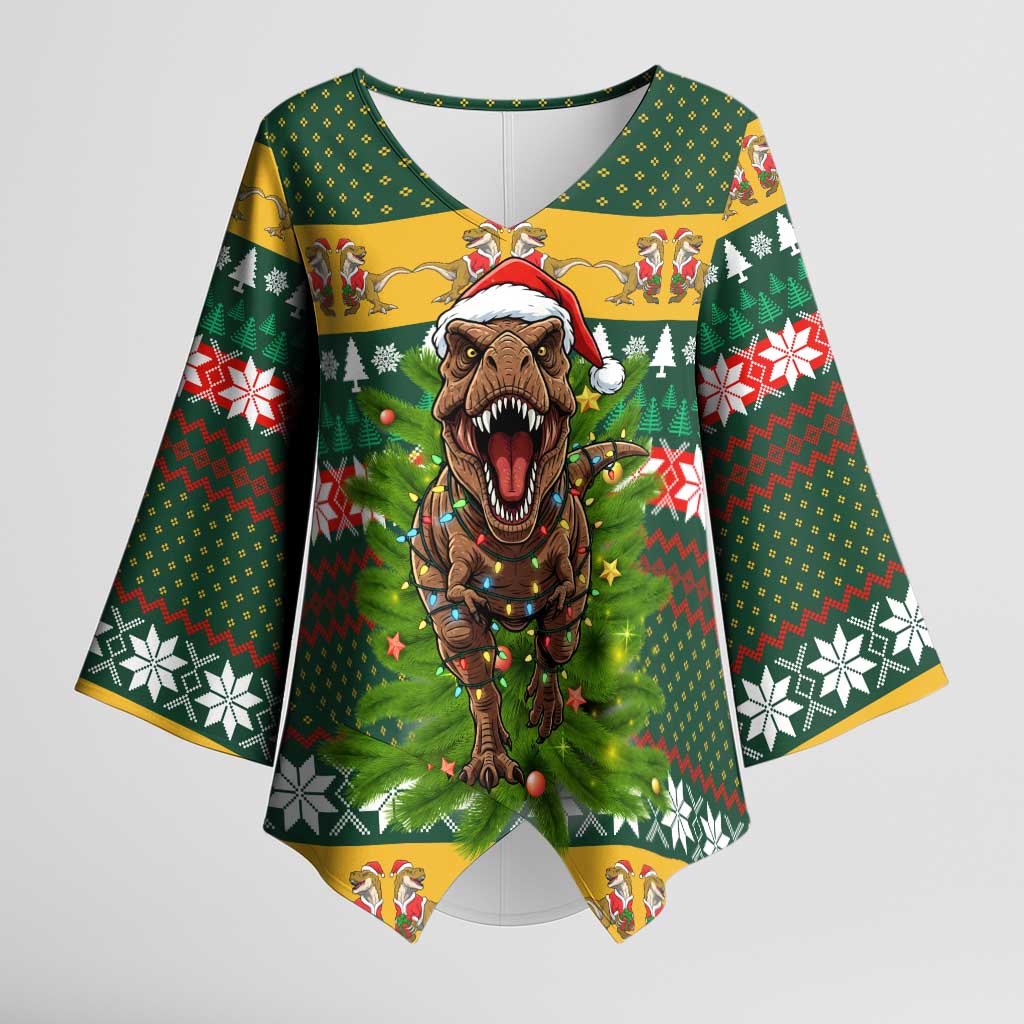 Christmas T Rex In Noel Tree Kimono Sleeve Blouse Xmas Holiday Patterns - Wonder Print Shop