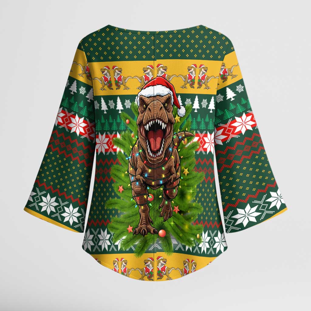 Christmas T Rex In Noel Tree Kimono Sleeve Blouse Xmas Holiday Patterns - Wonder Print Shop